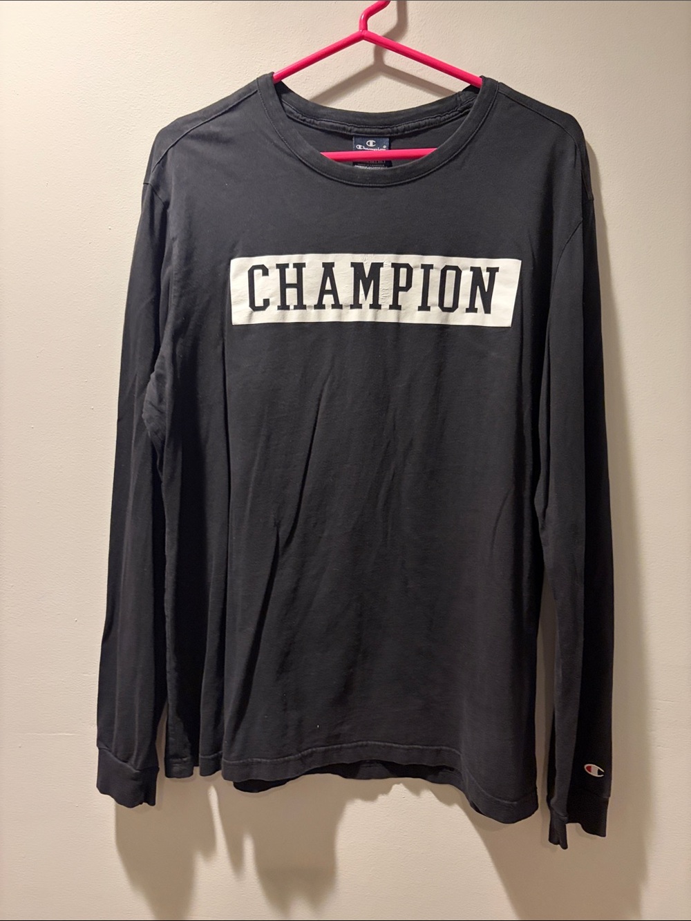 Champion Black Long-Sleeve Tee with White Block Logo
